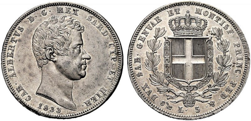 MONETE DEI SAVOIA

Carlo Alberto, Re di Sardegna, 1831-1849. 5 Lire 1833 Genov...