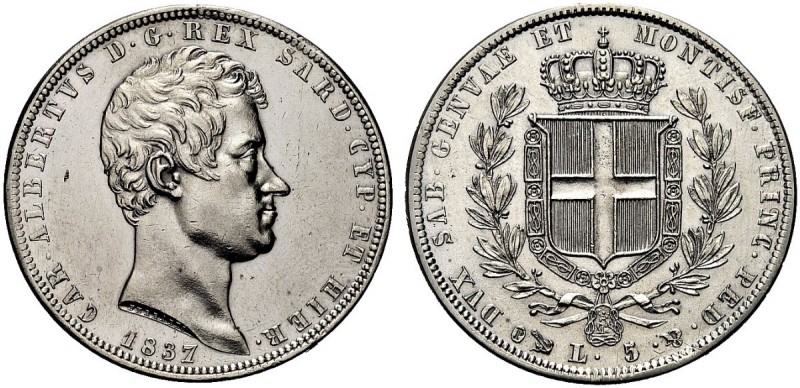 MONETE DEI SAVOIA

Carlo Alberto, Re di Sardegna, 1831-1849. 5 Lire 1837 Genov...