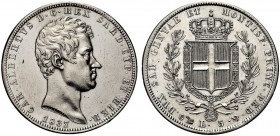 MONETE DEI SAVOIA

Carlo Alberto, Re di Sardegna, 1831-1849. 5 Lire 1837 Genova. Ar Come precedente. Pag. 241; Gig. 65. Fondi al dr. puliti. q. FDC