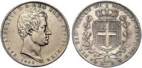 MONETE DEI SAVOIA

Carlo Alberto, Re di Sardegna, 1831-1849. 5 Lire 1844 Genova. Ar Come precedente. Pag. 255; Gig. 79. Buon BB/q. SPL