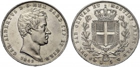 MONETE DEI SAVOIA

Carlo Alberto, Re di Sardegna, 1831-1849. 5 Lire 1849 Genova. Ar Come precedente. Pag. 265; Gig. 89. Lievi colpetti sul bordo. No...