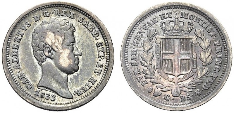 MONETE DEI SAVOIA

Carlo Alberto, Re di Sardegna, 1831-1849. 25 Centesimi 1833...