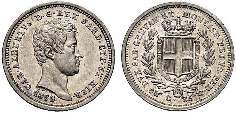 MONETE DEI SAVOIA

Carlo Alberto, Re di Sardegna, 1831-1849. 25 Centesimi 1833...