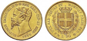 MONETE DEI SAVOIA

Vittorio Emanuele II, Re di Sardegna, 1849-1861. 20 Lire 1853 Genova. Au Come precedente. Pag 343; Gig. 7. Non comune. Più di SPL...