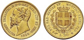 MONETE DEI SAVOIA

Vittorio Emanuele II, Re di Sardegna, 1849-1861. 20 Lire 1855 Torino, H. Au Come precedente. Pag. 347a; Gig. 10a. q. FDC