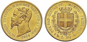MONETE DEI SAVOIA

Vittorio Emanuele II, Re di Sardegna, 1849-1861. 20 Lire 1859 Genova. Au Come precedente. Pag. 354; Gig. 17. q. FDC
