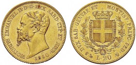 MONETE DEI SAVOIA

Vittorio Emanuele II, Re di Sardegna, 1849-1861. 20 Lire 1860 Genova. Au Come precedente. Pag. 356; Gig. 19. SPL