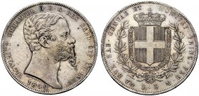 MONETE DEI SAVOIA

Vittorio Emanuele II, Re di Sardegna, 1849-1861. 5 Lire 1850 Genova. Ar Testa nuda a d. Rv. Stemma crociato e coronato con il Col...