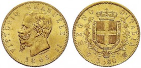MONETE DEI SAVOIA

Vittorio Emanuele II, Re d’Italia, 1861-1878. 20 Lire 1865 Torino. Au Come precedente. Pag. 459; Gig. 9. FDC
