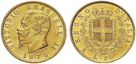 MONETE DEI SAVOIA

Vittorio Emanuele II, Re d’Italia, 1861-1878. 20 Lire 1870 Roma. Au Come precedente. Pag. 464; Gig. 14. Rarissimo. SPL