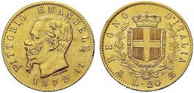 MONETE DEI SAVOIA

Vittorio Emanuele II, Re d’Italia, 1861-1878. 20 Lire 1872 Milano. Au Come precedente. Pag. 467; Gig. 17. Molto Raro. SPL