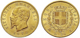MONETE DEI SAVOIA

Vittorio Emanuele II, Re d’Italia, 1861-1878. 20 Lire 1874 Milano. Au Come precedente. Pag. 470; Gig. 20. Non comune. Più che SPL...