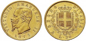MONETE DEI SAVOIA

Vittorio Emanuele II, Re d’Italia, 1861-1878. 20 Lire 1875 Roma. Au Come precedente. Pag. 472; Gig. 22 Non comune. SPL