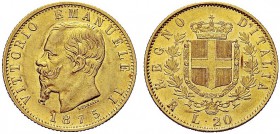 MONETE DEI SAVOIA

Vittorio Emanuele II, Re d’Italia, 1861-1878. 20 Lire 1875 Roma. Au Come precedente. Pag. 472; Gig. 22. Non comune. q. SPL