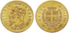 MONETE DEI SAVOIA

Vittorio Emanuele II, Re d’Italia, 1861-1878. 5 Lire 1863 Torino. Au Come precedente. Pag. 479; Gig. 29. Raro. SPL