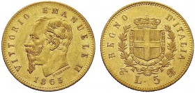 MONETE DEI SAVOIA

Vittorio Emanuele II, Re d’Italia, 1861-1878. 5 Lire 1865 Torino. Au Come precedente. Pag. 480; Gig. 30. Molto Rara. SPL
