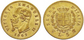 MONETE DEI SAVOIA

Vittorio Emanuele II, Re d’Italia, 1861-1878. 5 Lire 1865 Torino. Au Come precedente. Pag. 480; Gig. 30. Molto Rara. SPL