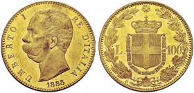MONETE DEI SAVOIA

Umberto I, Re d’Italia, 1878-1900. 100 Lire 1888. Au Come precedente. Pag. 570; Gig. 4. Molto Raro. Insignificanti segni di conta...