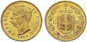 MONETE DEI SAVOIA

Umberto I, Re d’Italia, 1878-1900. 20 Lire 1880. Au Testa nuda a s. Rv. Stemma crociato e coronato con il Collare dell’Annunziata...