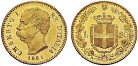 MONETE DEI SAVOIA

Umberto I, Re d’Italia, 1878-1900. 20 Lire 1881. Au Come precedente. Pag. 577; Gig. 11. q. FDC