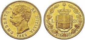 MONETE DEI SAVOIA

Umberto I, Re d’Italia, 1878-1900. 20 Lire 1889. Au Come precedente. Pag. 584; Gig. 18. Molto Raro. SPL