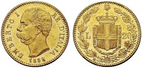 MONETE DEI SAVOIA

Umberto I, Re d’Italia, 1878-1900. 20 Lire 1889, 9 ribattuto. Au Come precedente. Pag. 584var; Gig. 18var. Molto Raro. Più che SP...
