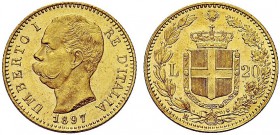 MONETE DEI SAVOIA

Umberto I, Re d’Italia, 1878-1900. 20 Lire 1897. Au Come precedente. Pag. 588; Gig. 22. Raro. q. FDC