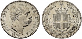 MONETE DEI SAVOIA

Umberto I, Re d’Italia, 1878-1900. 2 Lire 1899 - II Tipo. Ar Come precedente. Pag. 600; Gig. 34. Non comune. q. FDC