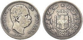 MONETE DEI SAVOIA

Umberto I, Re d’Italia, 1878-1900. Lira 1883. Ar Come precedente. Pag. 601; Gig. 35. Estremamente Rara. q. BB