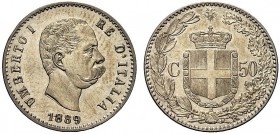 MONETE DEI SAVOIA

Umberto I, Re d’Italia, 1878-1900. 50 Centesimi 1889. Ar Testa nuda a d. Rv. Stemma crociato e coronato con il Collare dell’Annun...