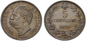 MONETE DEI SAVOIA

Umberto I, Re d’Italia, 1878-1900. 5 Centesimi 1896. Æ Come precedente. Pag. 618; Gig. 52. Raro. q. FDC