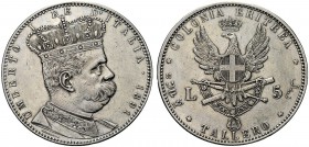 MONETE DEI SAVOIA

Colonia Eritrea. Umberto I, 1890-1896. 5 Lire o Tallero 1891. Ar Semibusto coronato in uniforme a d. Rv. Aquila spiegata e corona...