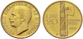 MONETE DEI SAVOIA

Vittorio Emanuele III, Re d’Italia, 1900-1943. 20 Lire 1923 Fascetto. Au Come precedente. Pag. 670; Gig. 34. Raro. SPL