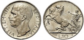 MONETE DEI SAVOIA

Vittorio Emanuele III, Re d’Italia, 1900-1943. 10 Lire 1928 una rosette Biga. Ar Testa nuda a s. Rv. L’Italia con fascio su biga ...