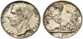 MONETE DEI SAVOIA

Vittorio Emanuele III, Re d’Italia, 1900-1943. 10 Lire 1930 Biga. Ar Come precedente. Pag. 695; Gig. 59. Raro. Bello SPL