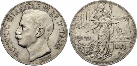 MONETE DEI SAVOIA

Vittorio Emanuele III, Re d’Italia, 1900-1943. 5 Lire 1911 Cinquantenario. Ar Testa nuda a s. Rv. L’Italia e Roma con aratro infi...