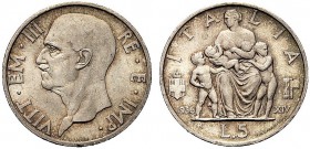 MONETE DEI SAVOIA

Vittorio Emanuele III, Re d’Italia, 1900-1943. 5 Lire 1936 a. XIV Fecondità. Ar Testa a s. Rv. L’Italia seduta, attorniata dai su...