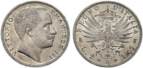 MONETE DEI SAVOIA

Vittorio Emanuele III, Re d’Italia, 1900-1943. 2 Lire 1902 Aquila Sabauda. Ar Come precedente. Pag. 726; Gig. 90. Raro. Bello SPL...