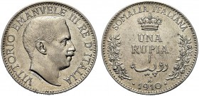 MONETE DEI SAVOIA

Colonia Somala. Vittorio Emanuele III, 1909-1925. Rupia 1910. Ar Testa nuda a d. Rv. Nel campo, in sei righe corona, valore, legg...