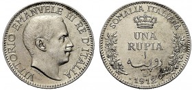 MONETE DEI SAVOIA

Colonia Somala. Vittorio Emanuele III, 1909-1925. Rupia 1912. Ar Come precedente. Gig. 2. Rara. SPL