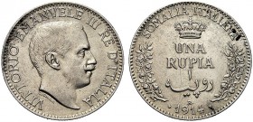MONETE DEI SAVOIA

Colonia Somala. Vittorio Emanuele III, 1909-1925. Rupia 1914. Ar Come precedente. Gig. 4. Rara. SPL