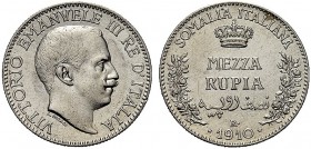MONETE DEI SAVOIA

Colonia Somala. Vittorio Emanuele III, 1909-1925. Mezza Rupia 1910. Ar Testa nuda a d. Rv. Nel campo, in sei righe corona, valore...