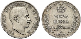 MONETE DEI SAVOIA

Colonia Somala. Vittorio Emanuele III, 1909-1925. Mezza Rupia 1913. Ar Come precedente. Pag. 968; Gig. 11. Rara. Buon BB