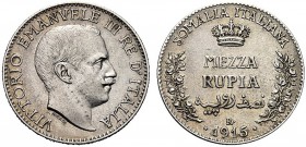 MONETE DEI SAVOIA

Colonia Somala. Vittorio Emanuele III, 1909-1925. Mezza Rupia 1915. Ar Come precedente. Pag. 969; Gig. 12. Rara. q. SPL