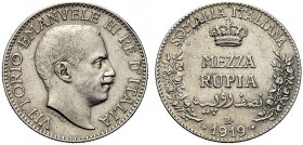 MONETE DEI SAVOIA

Colonia Somala. Vittorio Emanuele III, 1909-1925. Mezza Rupia 1919. Ar Come precedente. Pag. 970; Gig. 13. Rara. q. SPL