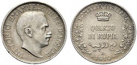MONETE DEI SAVOIA

Colonia Somala. Vittorio Emanuele III, 1909-1925. Quarto di Rupia 1910. Ar Testa nuda a d. Rv. Nel campo, in sei righe corona, va...