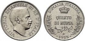 MONETE DEI SAVOIA

Colonia Somala. Vittorio Emanuele III, 1909-1925. Quarto di Rupia 1913. Ar Come precedente. Pag. 972; Gig. 15. Molto Rara. Buon B...