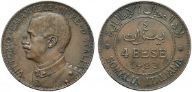 MONETE DEI SAVOIA

Colonia Somala. Vittorio Emanuele III, 1909-1925. 4 Bese 1923. Cu Come precedente. Pag. 977; Gig. 20. Rara. Bel BB
