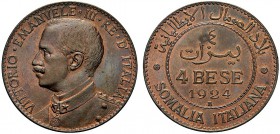 MONETE DEI SAVOIA

Colonia Somala. Vittorio Emanuele III, 1909-1925. 4 Bese 1924. Cu Come precedente. Pag. 978; Gig. 21. Rara. q. FDC