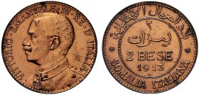 MONETE DEI SAVOIA

Colonia Somala. Vittorio Emanuele III, 1909-1925. 2 Bese 1913. Cu Semibusto in uniforme a s. Rv. Nel campo, in sei righe corona, ...